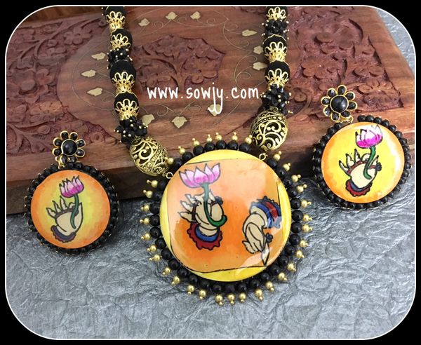 Grand Designer Handpainted Mudra Silk Thread Set with Big Bali Mudra Design Earrings!!!