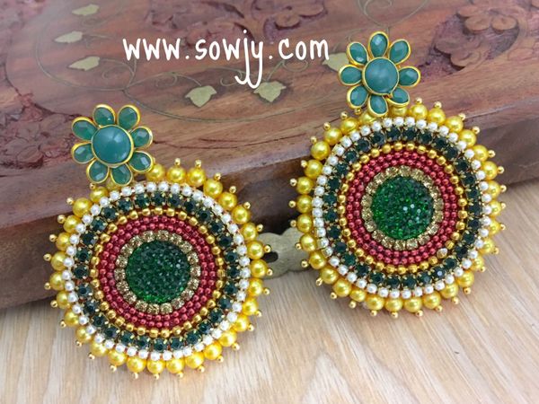 Grand Party Wear Designer Stone Studded Big Earrings In Shades of Gold,Red and Green!!!
