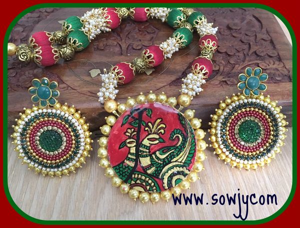 Grand Designer Handpainted Peacock Silk Thread Set with Designer Stone Studded Big Size Bali Earrings in Shades of Red and Green!!!!