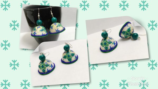 Handmade Paper Quilled floral Jhumkas in shades of Cream,Green and Blue- Large Sized