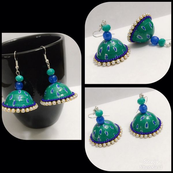Ikkat Designed Paper Quilled Jhumkas In Shades of Dark Green and Blue!!!