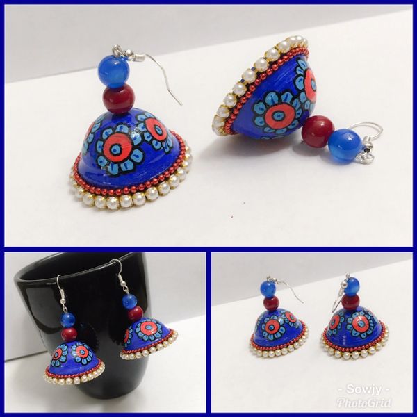 Handpainted Dark and Light Blue floral Jhumkas!!!!