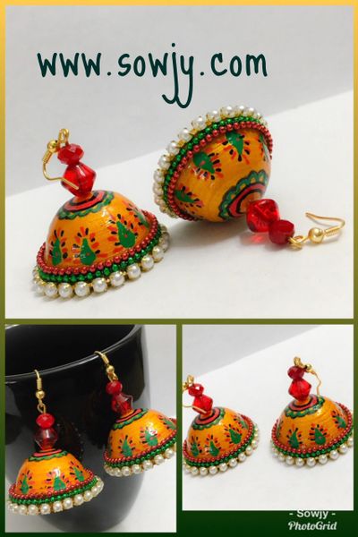 Bright Golden yellow Designer Jhumkas withd Red and Green Design Patterns!!!