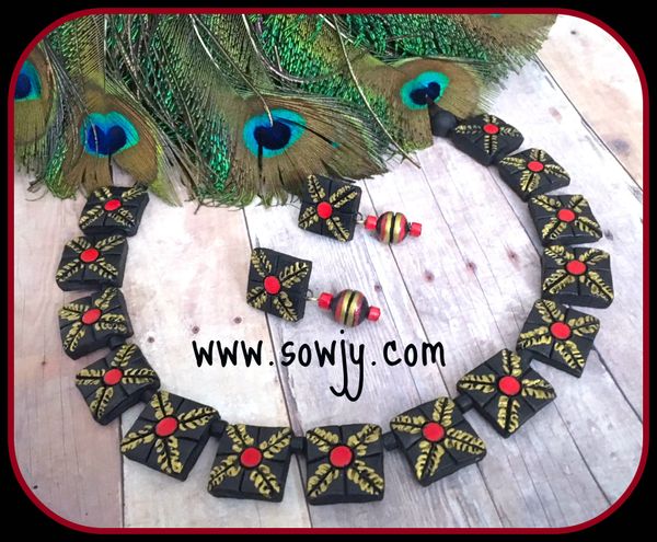 Black and Red Squared Trendy Terracotta necklace with Matching earrings!!!