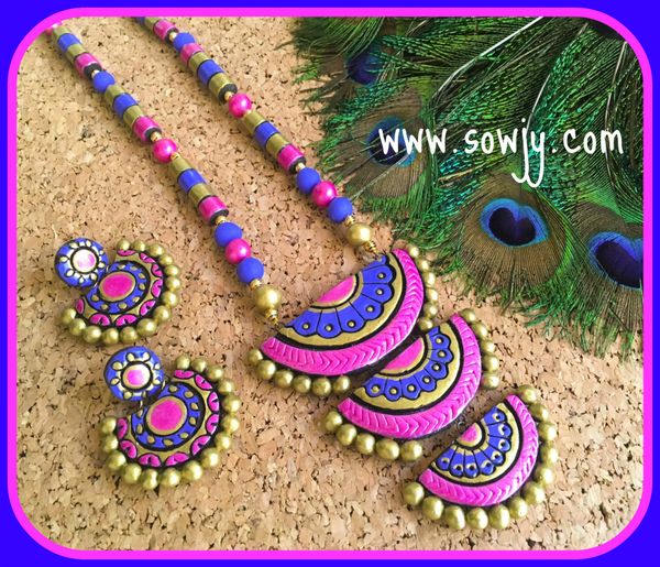 THREE LAYERED GRAND TERRACOTTA LONG SET WITH BALI EARRINGS-PINK AND BLUE !!