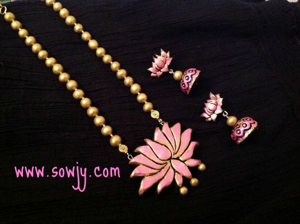 Beautiful Hand Carved Lotus Design In Pink and Gold with Jhumkas!!!!