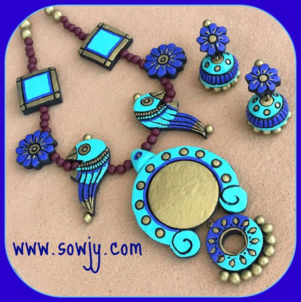 Designer Kaavya Mala Pacchi Terracotta Set with floral Jhumkas- Shades of Blue!!!