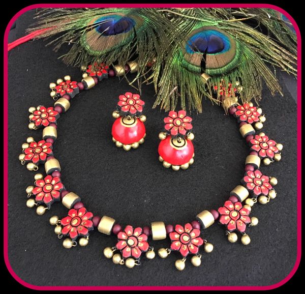 Red Floral Trendy Terracotta necklace with Floral Jhumkas!!!