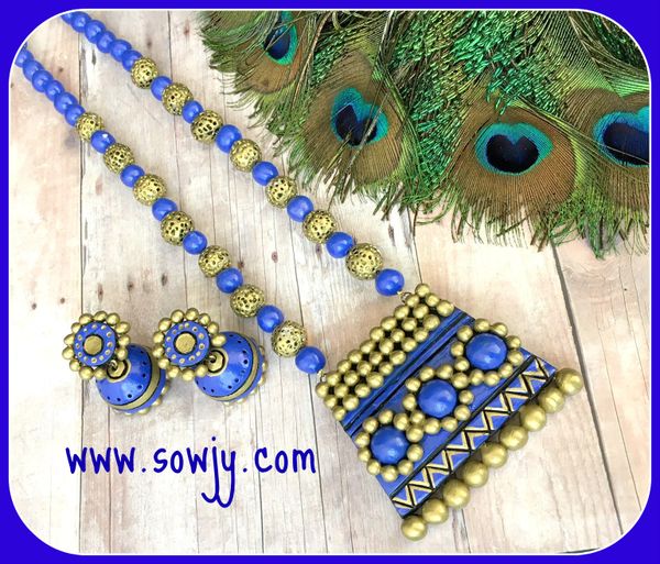 Grand Designer Big Sized CHkara Terracotta pendant set with Large sized Jhumkas-Ink Blue Color!!!