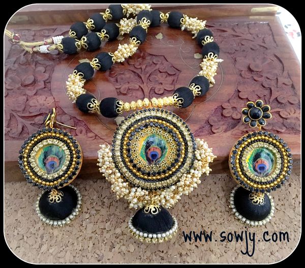 Grand Designer Peacock Silk Thread Jhumka Necklace with Light Weighted Big Peacock Jhumkas-Black Shades!!!!