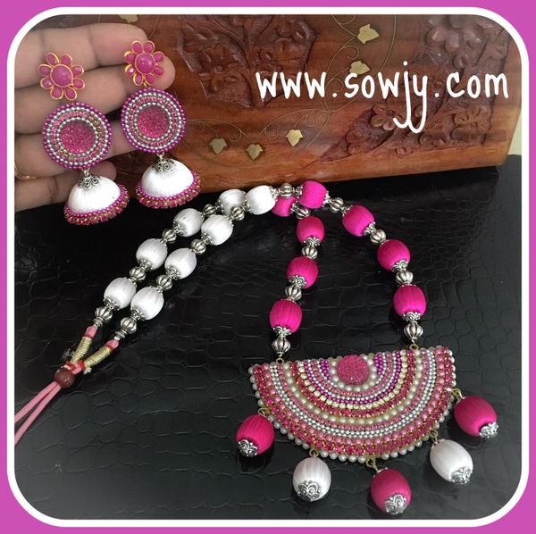 Grand Designer Silk Thread Big Sized Stone Pendant Set with Long Silk THread Earrings- Pink and White Combo!!!