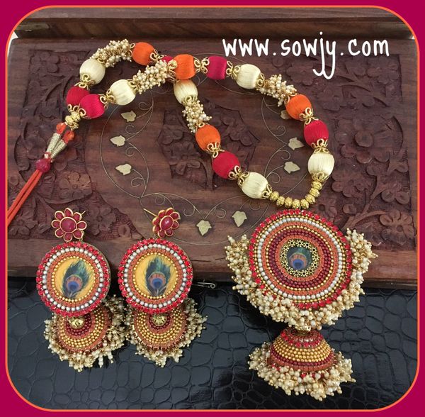Very Grand Designer Peacock Ghnugroo Pendant Set In Red,Orange and Cream Combo and Matching LongXL Size Earrings!!!