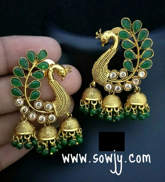 Beautiful Stud Peacock Style Golden Touch Oxidized Stud Jhumka Earrings For Women And Girls Indian Earrings /Weight-8gm Push Back Stud