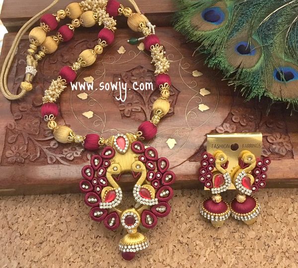 Very Grand Designer Big peacock Silk Thread necklace and Matching peacock Jhumkas in Shades of Maroon and Gold!!!