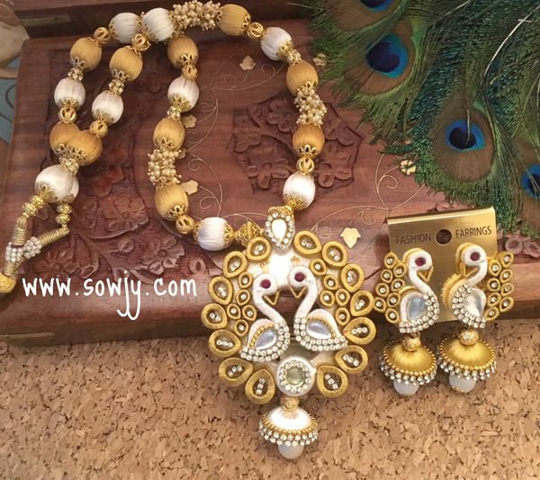 Very Grand Designer Big peacock Silk Thread necklace and Matching peacock Jhumkas in Shades of White and Gold!!!