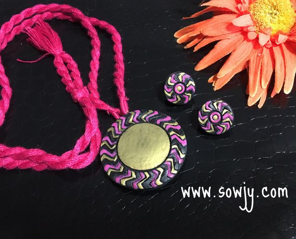 Simple terracotta pendant in A Long Rope with Matching STuds- Pink,Black and Gold Shades!!!