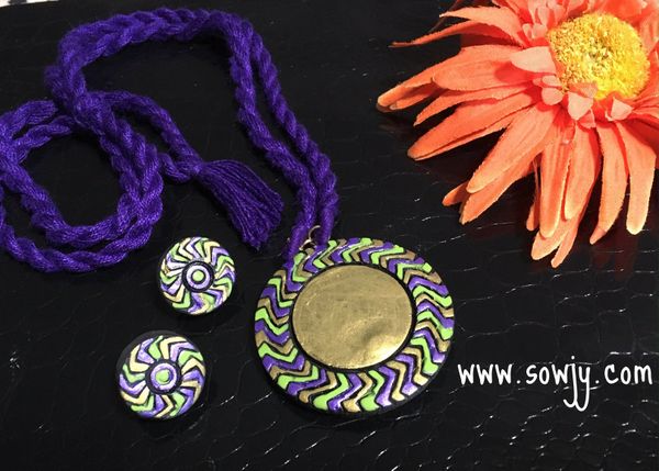 Simple terracotta pendant in A Long Rope with Matching STuds- Purple ,Green and Gold Shades!!!