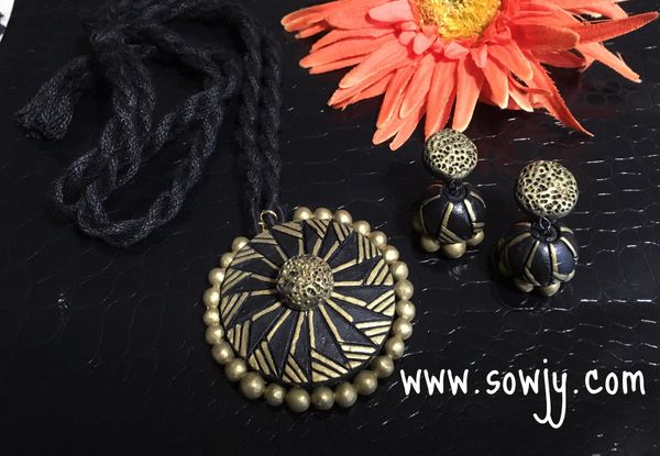 Trendy Chakra pendant in long rope with Jhumkas- Black and Gold!!!