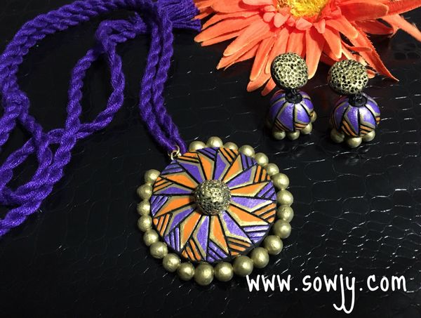 Trendy Chakra pendant in long rope with Jhumkas- Purple,Orange and Gold!!!