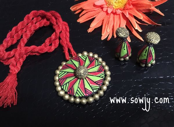 Trendy Chakra pendant in long rope with Jhumkas- Red, Light Green and Gold!!!
