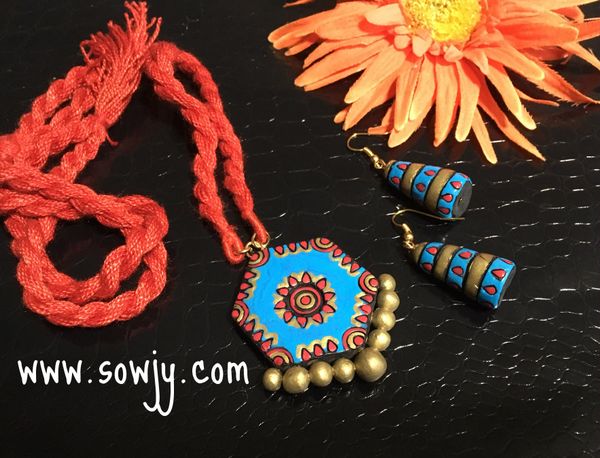 Hexagon Shaped terracotta pendant in Long rope with hanging Jhumkas- Light Blue and Red Shades!!!