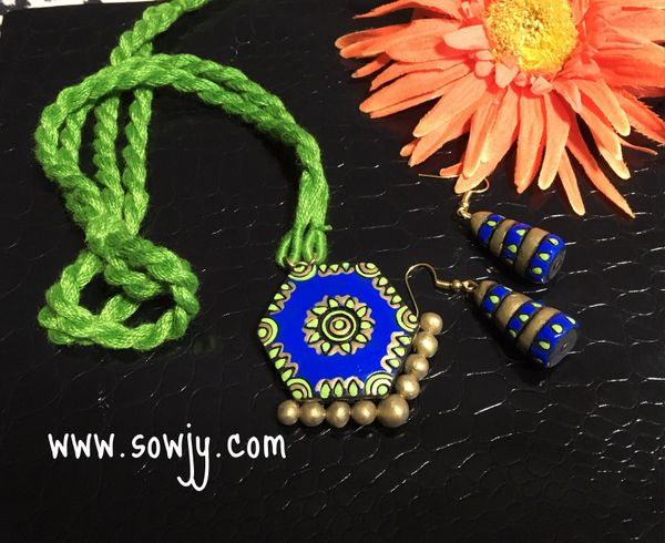 Hexagon Shaped terracotta pendant in Long rope with hanging Jhumkas- Dark Blue and Green Shades!!!