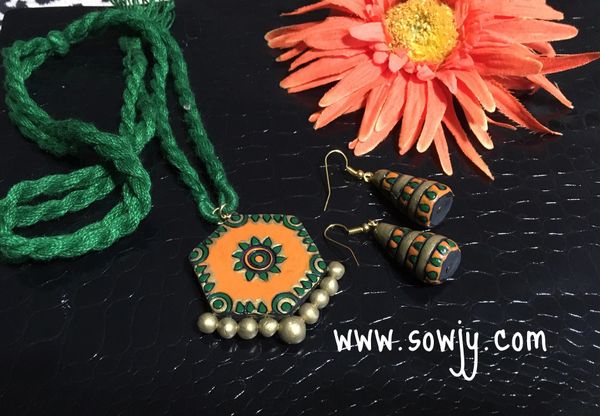 Hexagon Shaped terracotta pendant in Long rope with hanging Jhumkas- Orange and Dark Green Shades!!!