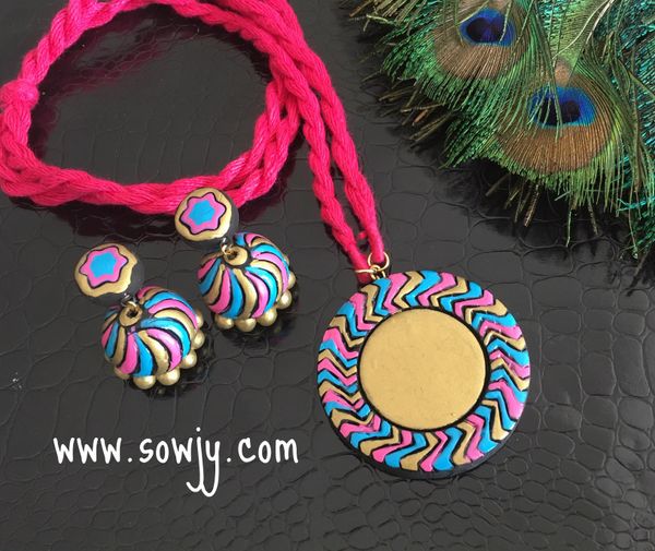 Trendy Simple Zig-Zag pendant in a long rope with Medium Sized Jhumkas- Pink and Blue!!!