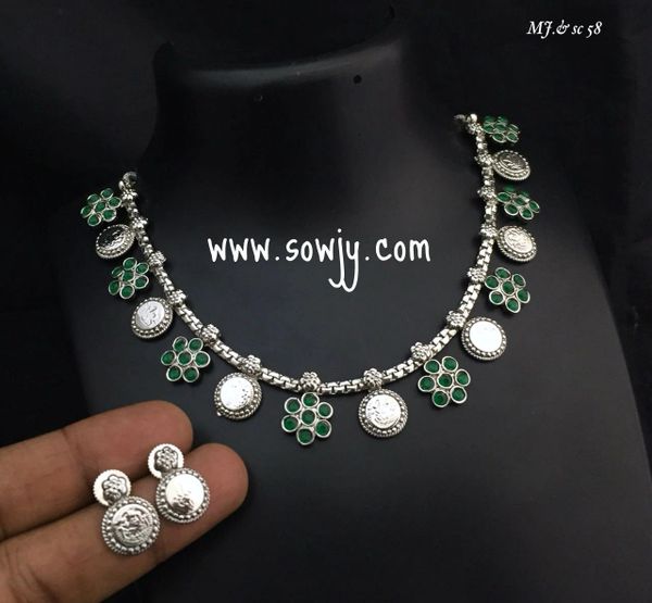 Simple and Trendy Silver plated Lakshmi Coin necklace and earrings with emerald stones!!!!