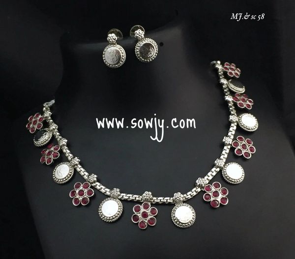 Simple and Trendy Silver plated Lakshmi Coin necklace and earrings with ruby stones!!!!