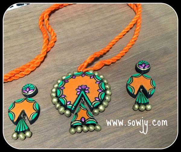 Orange and Green Lotus Terracotta pendant set with earrings in a Long Rope!!!