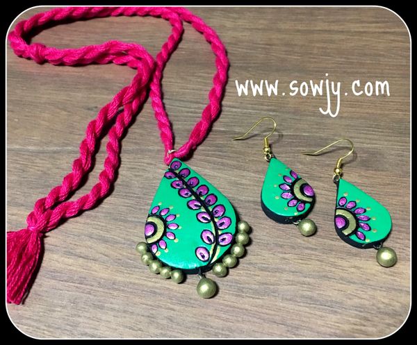 Tear Drop Terracotta pendant and Earrings In Shades of Green and Pink in a LOng Rope!!!