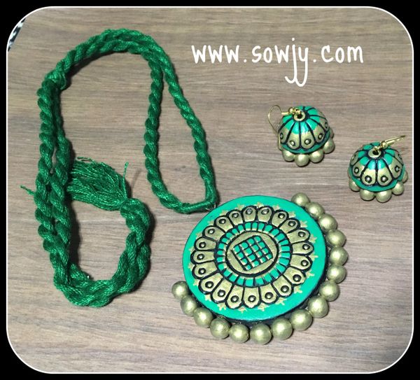 Big Sized Floral Round Terracotta pendant and hanging jhumkas in shades of Green and gold!!!