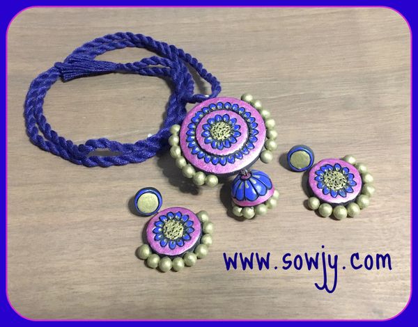 Grand Floral Jhumka pendant with Matching Earrings in shades of pink and blue in a Long Rope!!!