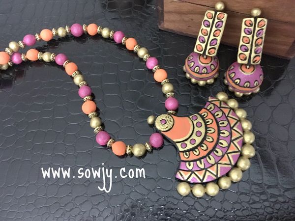 Semi Circle Designer Terracotta Necklace with Medium Sized Jhumkas in Shades of Magenta and Orange!!!!