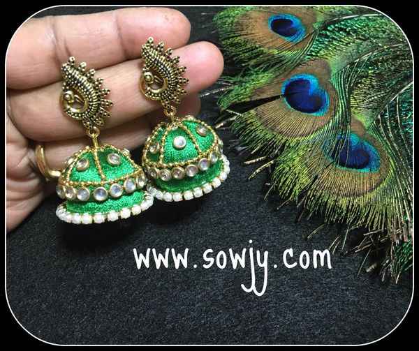 Green Double Layer Silk thread Jhumka with stones!!!!!