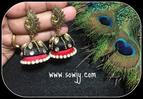 Black and Red Double Layer Silk Thread Designer Stone Jhumkas!!!!