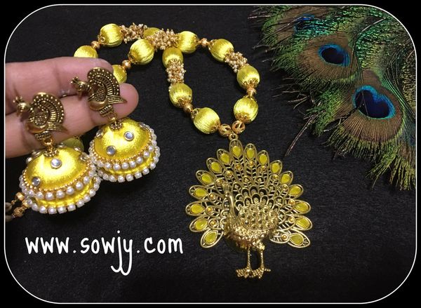 Grand Yellow Designer Peacock Silk Thread necklace with Double layer Designer Jhumkas!!!