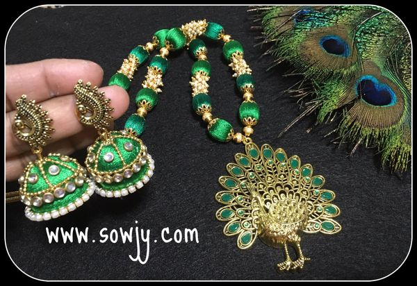 Grand GREEN Designer Peacock Silk Thread necklace with Double layer Designer Jhumkas!!!