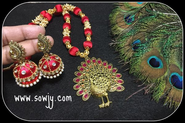 Grand RED Designer Peacock Silk Thread necklace with Double layer Designer Jhumkas!!!