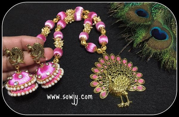 Grand PINK Designer Peacock Silk Thread necklace with Double layer Designer Jhumkas!!!