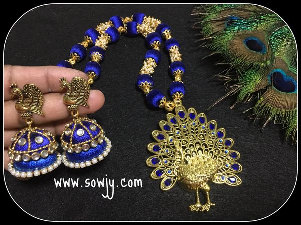 Grand BLUE Designer Peacock Silk Thread necklace with Double layer Designer Jhumkas!!!