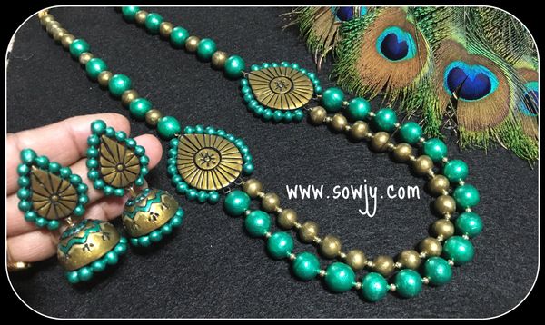 Double Mogappu Terracotta haaram with Designer Jhumkas in Shades of Metallic Green and ANtique Gold!!!!