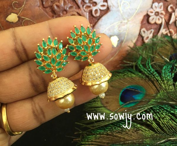 Emerald Stone Floral Medium Sized Jhumkas!!!!