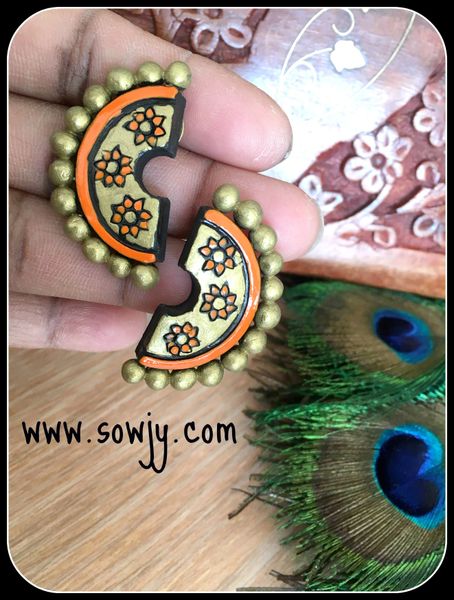 Lovely Handmade Semi-Circle Floral Design Terracotta Studs- Orange and Gold!!!