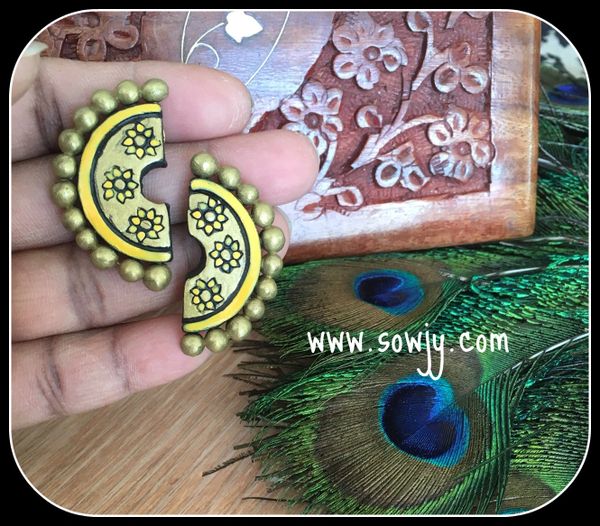 Lovely Handmade Semi-Circle Floral Design Terracotta Studs- Yellow and Gold!!!
