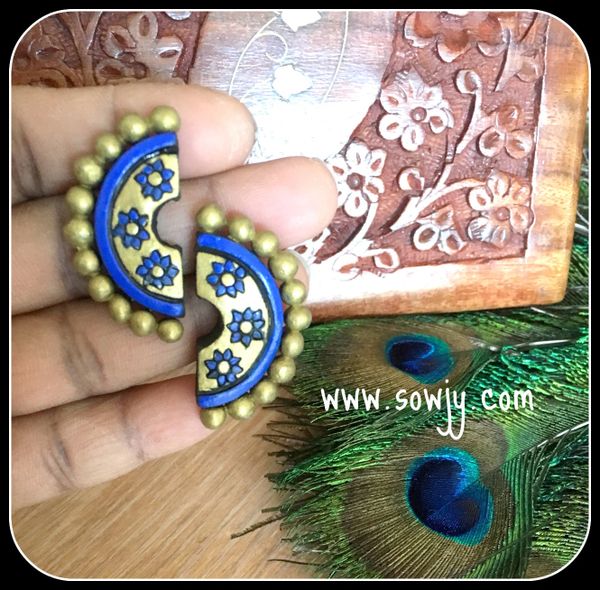 Lovely Handmade Semi-Circle Floral Design Terracotta Studs- Bright Blue and Gold!!!