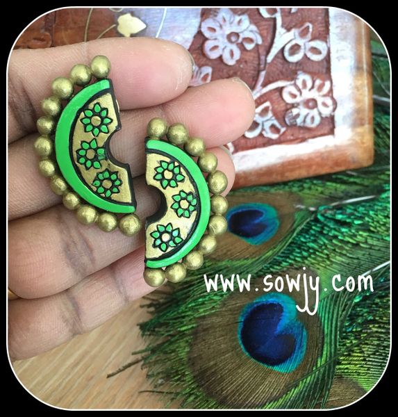 Lovely Handmade Semi-Circle Floral Design Terracotta Studs- Bright Green and Gold!!!