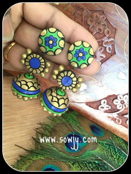 Very Grand Light Weighted Long Triple layer Jhumkas- Blue ,Green and Gold!!!