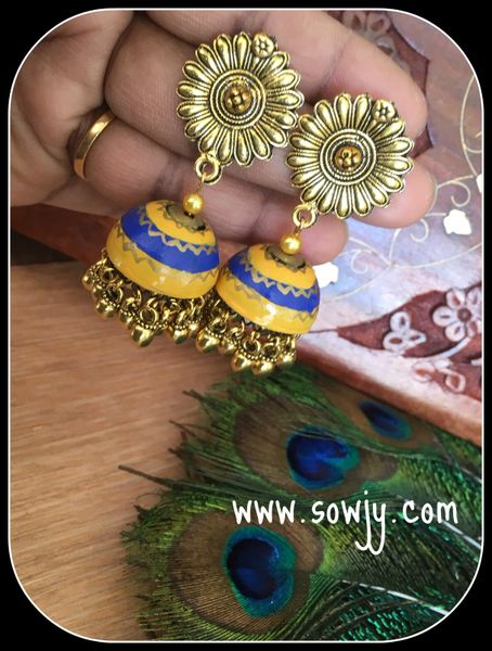 Very Grand Party Wear Dual Shaded terracotta Jhumkas with Golden Ghungroos- Blue and yellow!!!